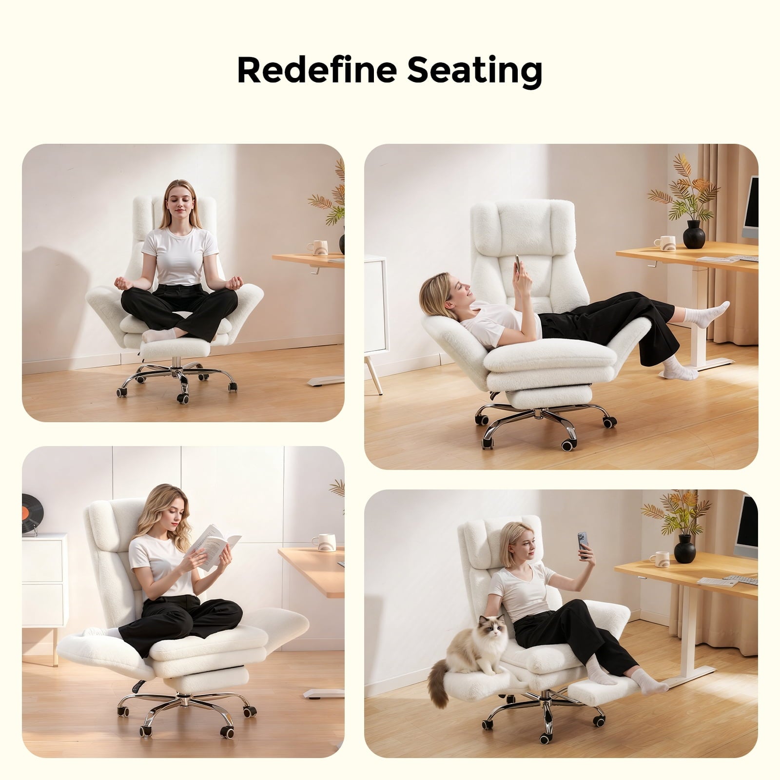 Patbrela Big and Tall Office Chair, Cloud Plush Swivel Desk Chair with 6-Level Adjustable Armrests, Home Ergonomic Executive Office Chair for Work, Gaming, Beige