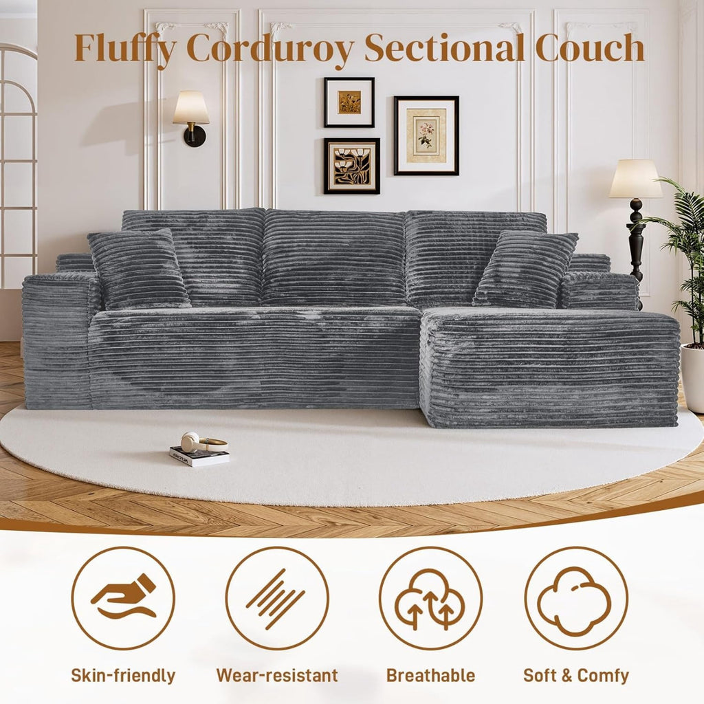 LLappuil 108 Sectional Sofa, Modular Sectional Couch with Left Chaise, Deep Seat Corduroy Cloud Sofa for Living Room Black