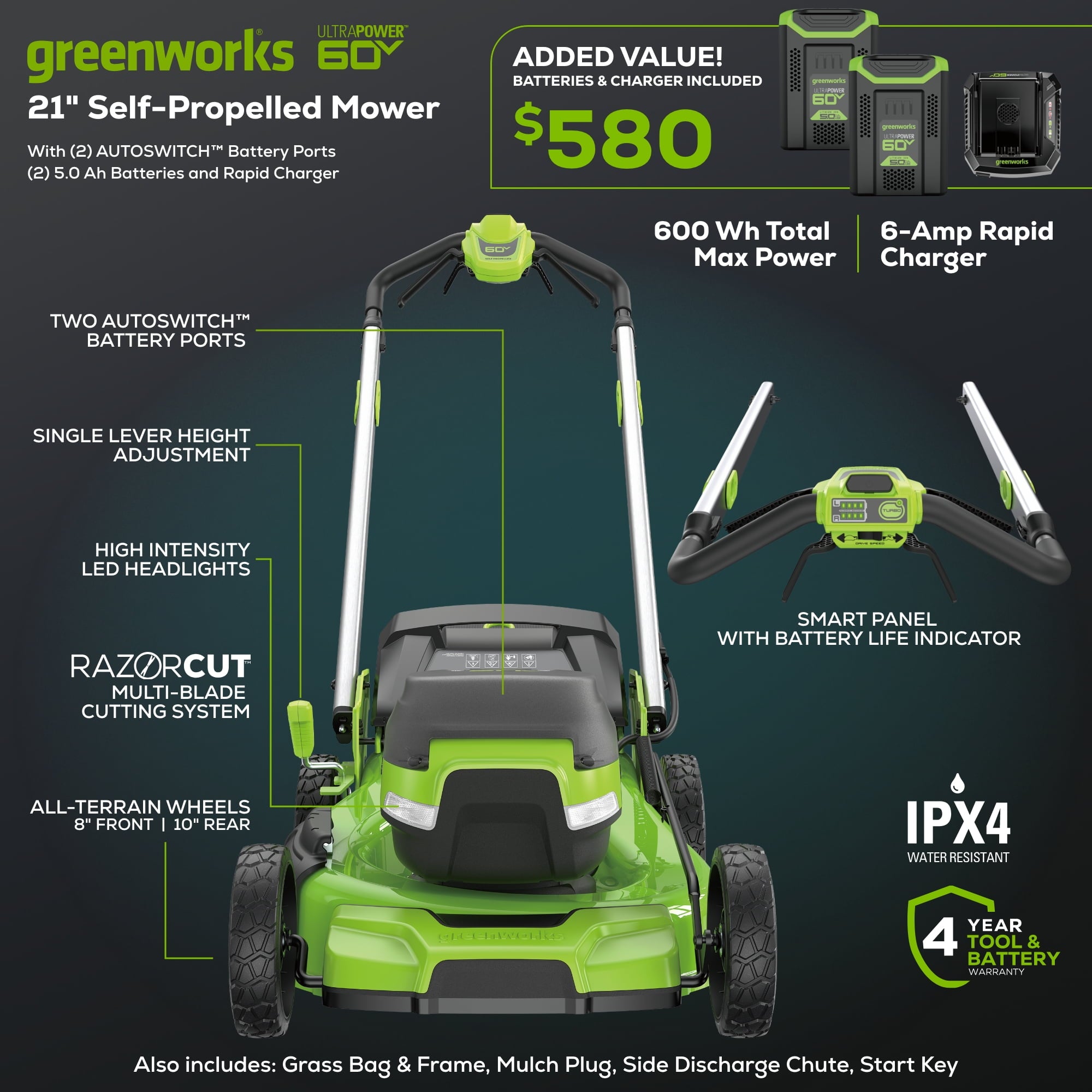 Greenworks 60V 21” Self-Propelled Lawn Mower with (2) 5.0 Ah Batteries & Rapid Charger 2546202
