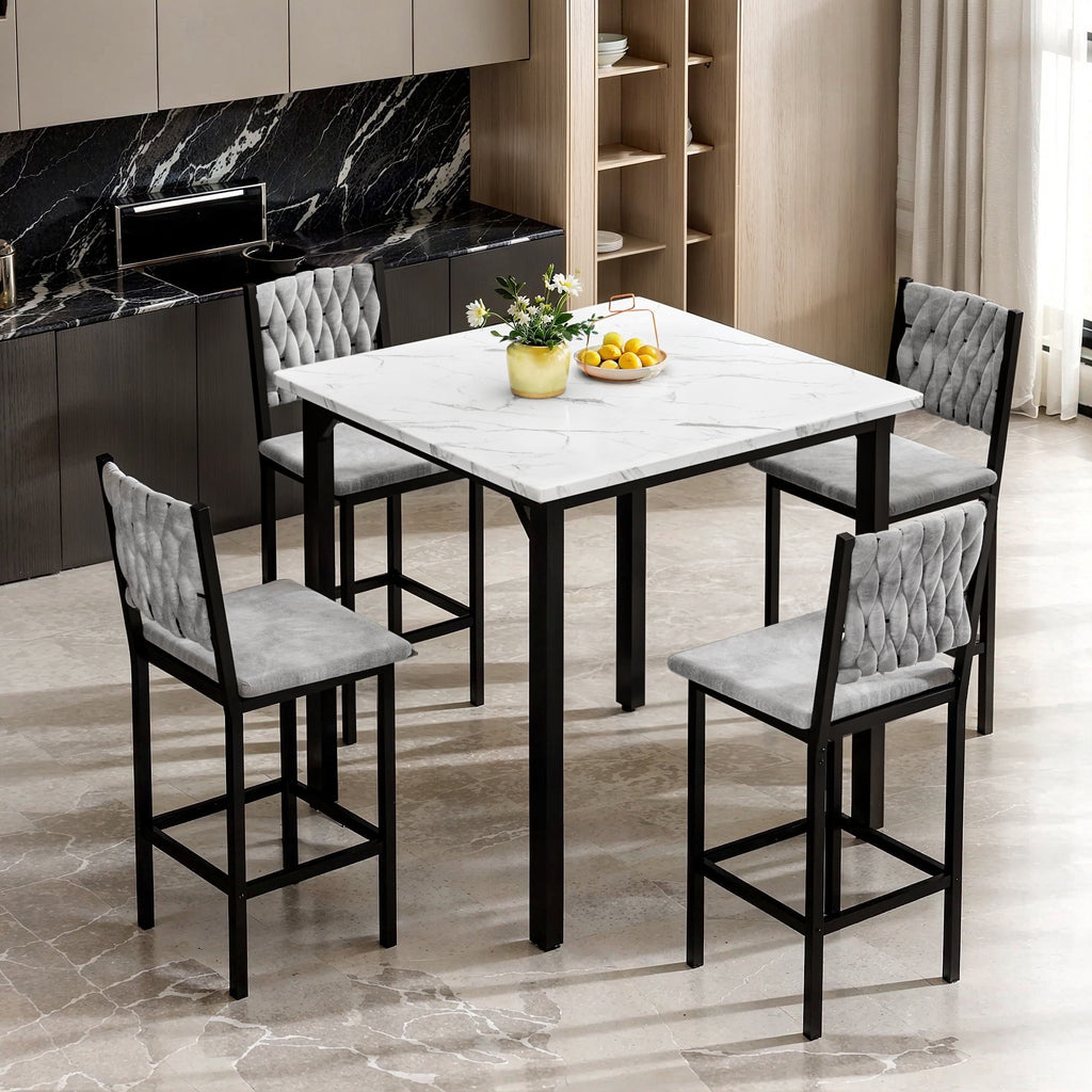 MIERES 5 Piece Dining Table Set High Top Dining Table Set for 4 Counter Height Small Kitchen Table With 4 Velvet Upholstered Chairs, Wood Small Dining Set for Bar Dining Room Breakfast