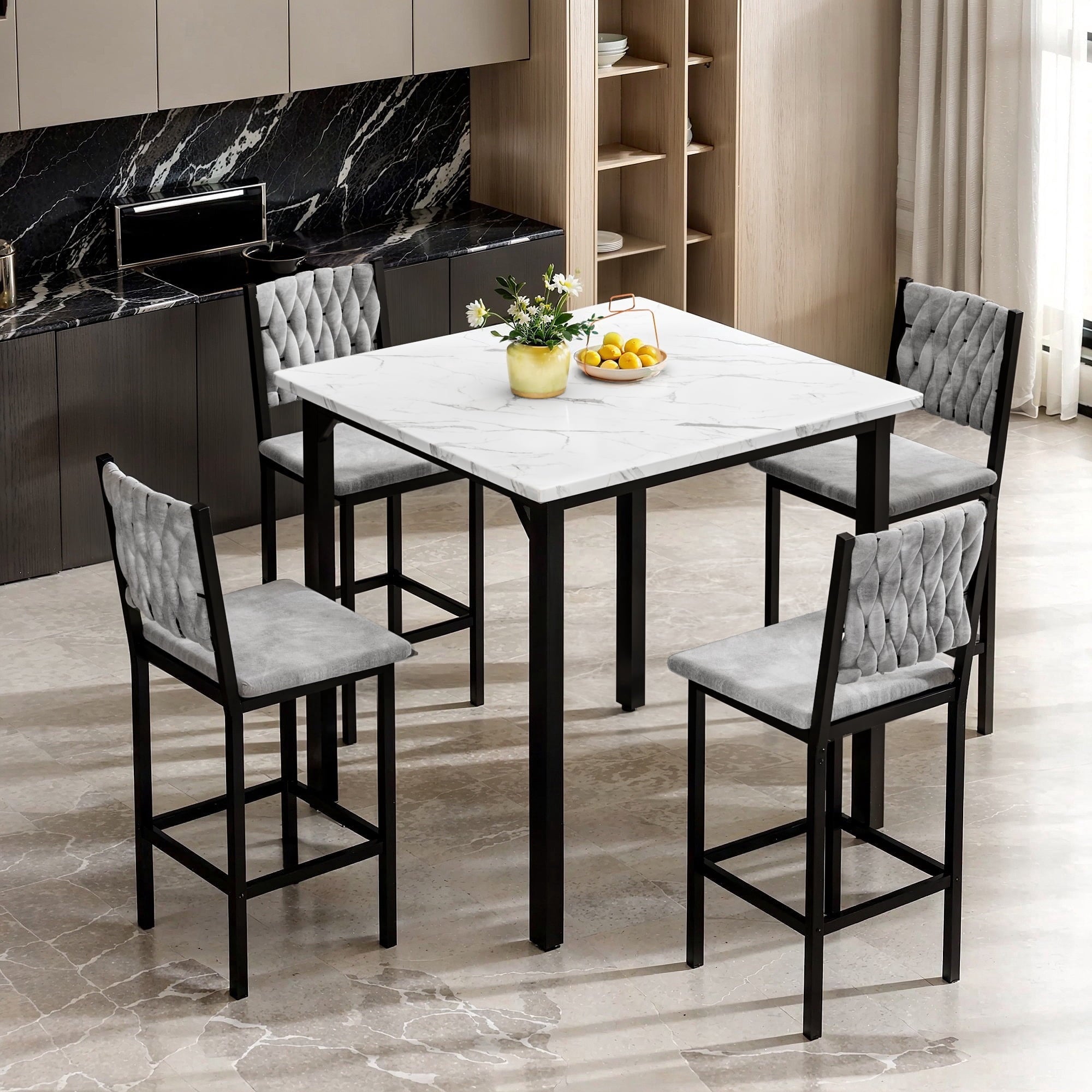 MIERES 5 Piece Dining Table Set High Top Dining Table Set for 4 Counter Height Small Kitchen Table With 4 Velvet Upholstered Chairs, Wood Small Dining Set for Bar Dining Room Breakfast