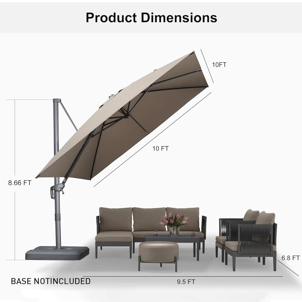 PURPLE LEAF 10' X 13' Rectangle Cantilever Umbrella with Base Outdoor Large Aluminum Patio Umbrella with 3-Year Fade Resistance Recycled Fabric and 360-degree Rotation for Deck Pool, Graphite Grey
