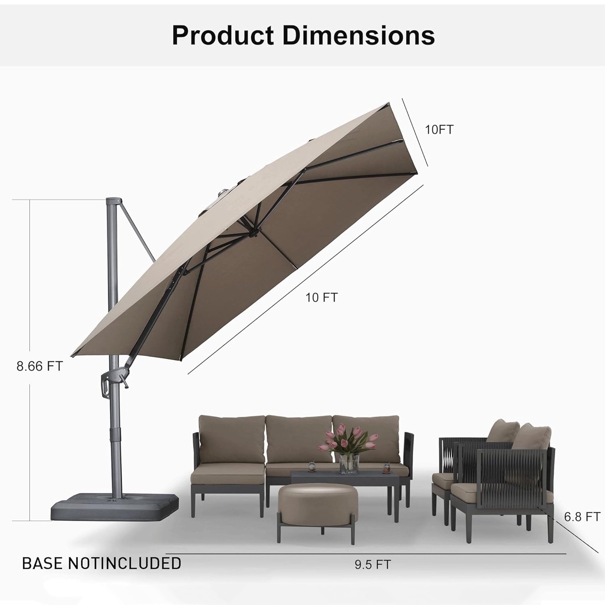 PURPLE LEAF 10' X 13' Rectangle Cantilever Umbrella with Base Outdoor Large Aluminum Patio Umbrella with 3-Year Fade Resistance Recycled Fabric and 360-degree Rotation for Deck Pool, Graphite Grey