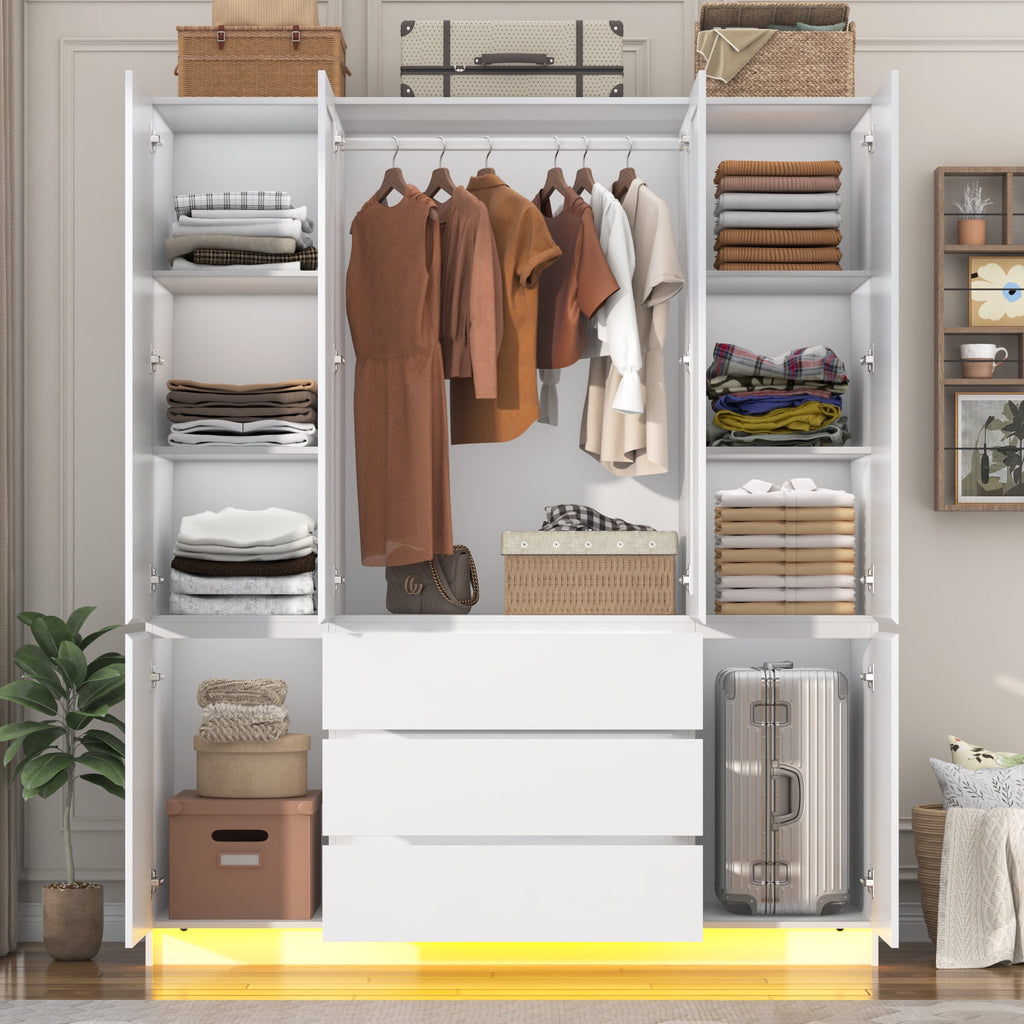 75 Tall 3 Doors Armoire Wardrobe Closet with  3 Drawers and Mirror, Large Wardrobe Closet for Bedroom with LED Lights, Wooden Armoire Storage Cabinet with Hanging Rod, Adjustable shelves (White)