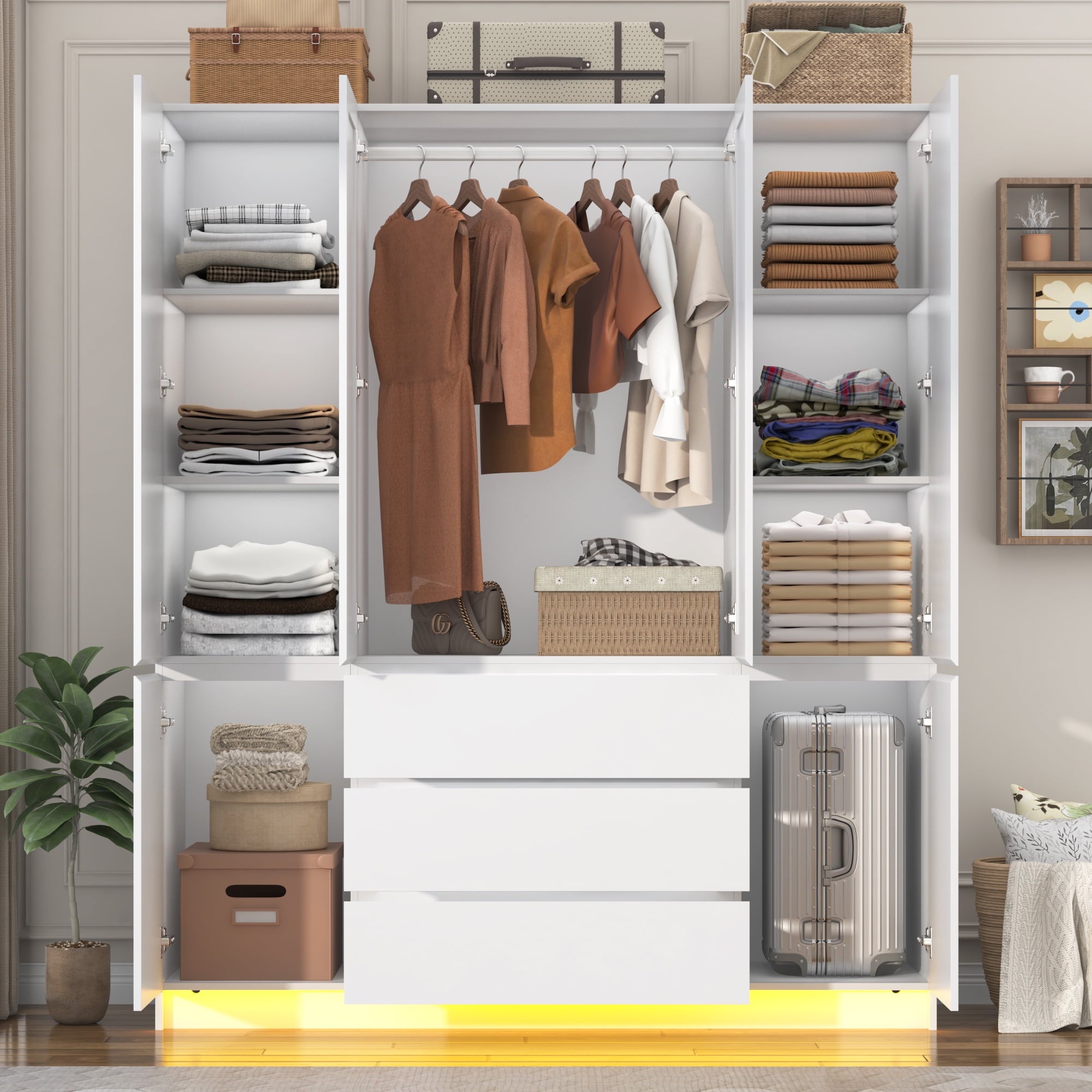 75 Tall 3 Doors Armoire Wardrobe Closet with  3 Drawers and Mirror, Large Wardrobe Closet for Bedroom with LED Lights, Wooden Armoire Storage Cabinet with Hanging Rod, Adjustable shelves (White)