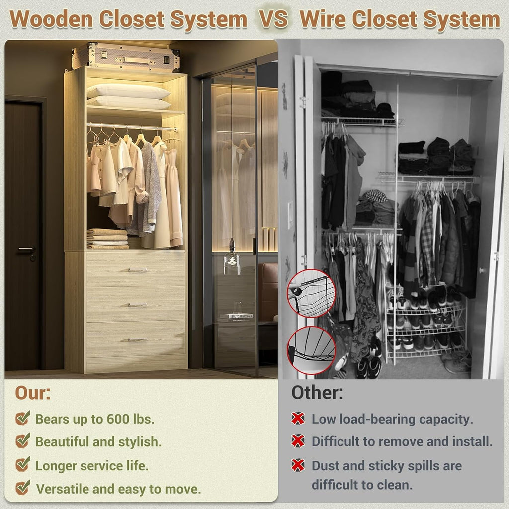 Homieasy Freestanding 2FT Closet System with 3 Wood Drawers, 24 Closet Organizer System with Hanging Rod & Shelves, Walk-in Closet Systems for Small Closets, White
