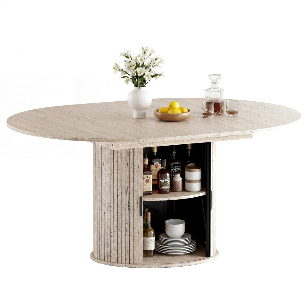 EOP 47″- 63″ Extendable Round Dining Table for 4-6, Wooden Kitchen Table with Hidden Storage and Fluted Sliding Door Cabinet, Modern Space-Saving Table for Dining Room Kitchen, Natural Wood