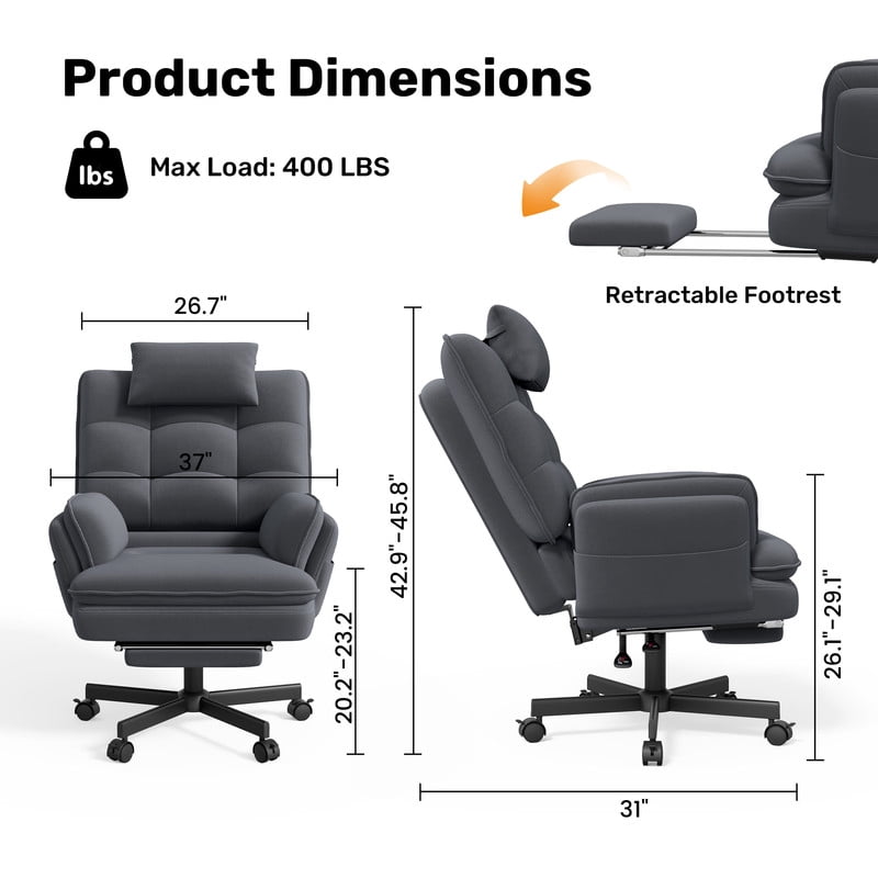Hawsaiy Big and Tall Office Chair with Footrest, Ergonomic Executive Desk Chair with Flip-Up Arms, Reclining High Back Computer Chair with Headrest & Side Pockets, White