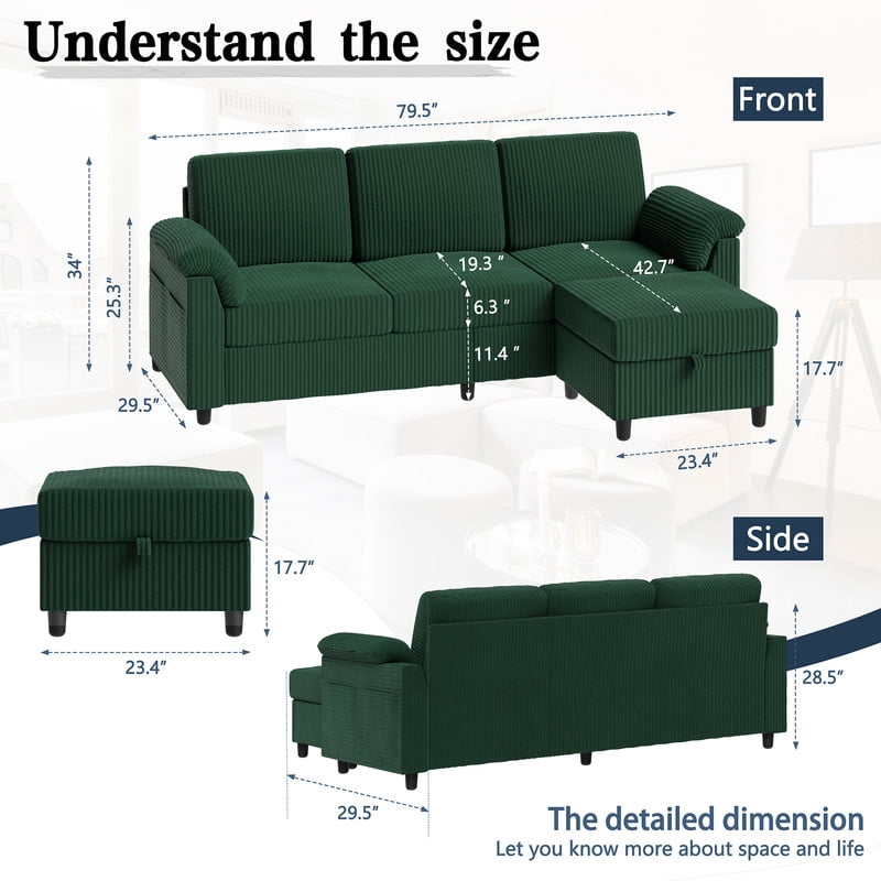 Walsunny 69 Convertible Sectional Sofa Couch with Storage Ottoman,L Shaped Sofa with Removable Pillows & Linen Fabric, Modern 3-Seat Couch with Reversible Storage Chaise,Dark Gray