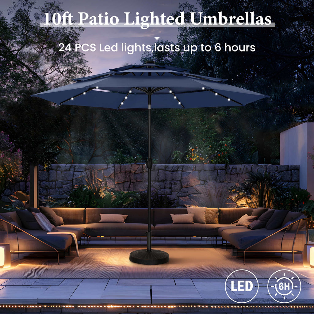 Summit Living 10ft Patio Umbrella with Solar Lights 3-Tier Vented Outdoor Market Umbrella with Auto-Tilt – Beige