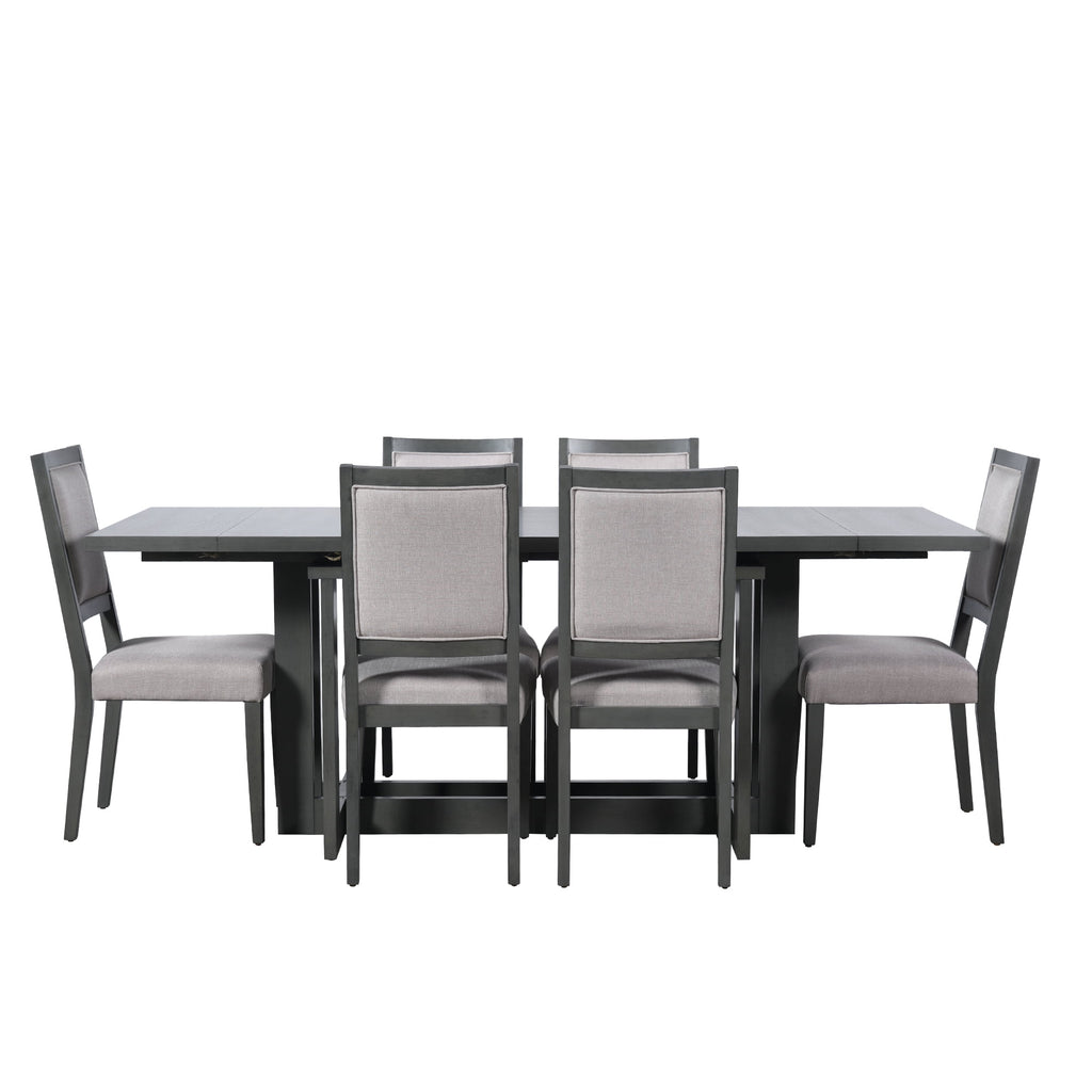 Harper & Bright Designs 7 Pieces Retro Dining Set for 6, Wood Rectangular Table with Designed Trestle Base and 6 Upholstered Chairs for Dining Room and Kitchen, Grey