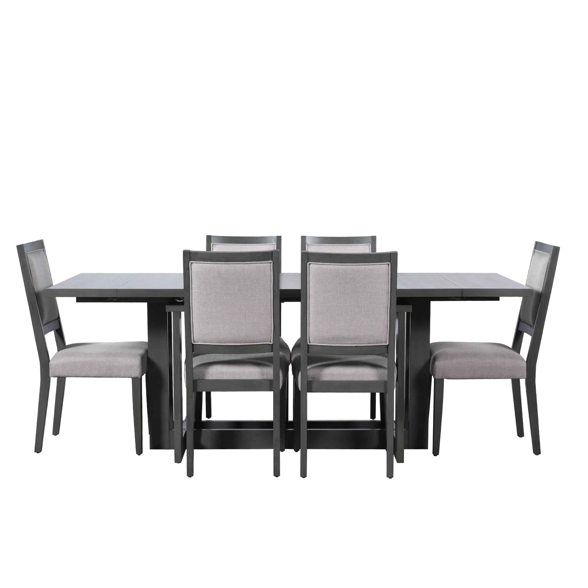 Harper & Bright Designs 7 Pieces Retro Dining Set for 6, Wood Rectangular Table with Designed Trestle Base and 6 Upholstered Chairs for Dining Room and Kitchen, Grey