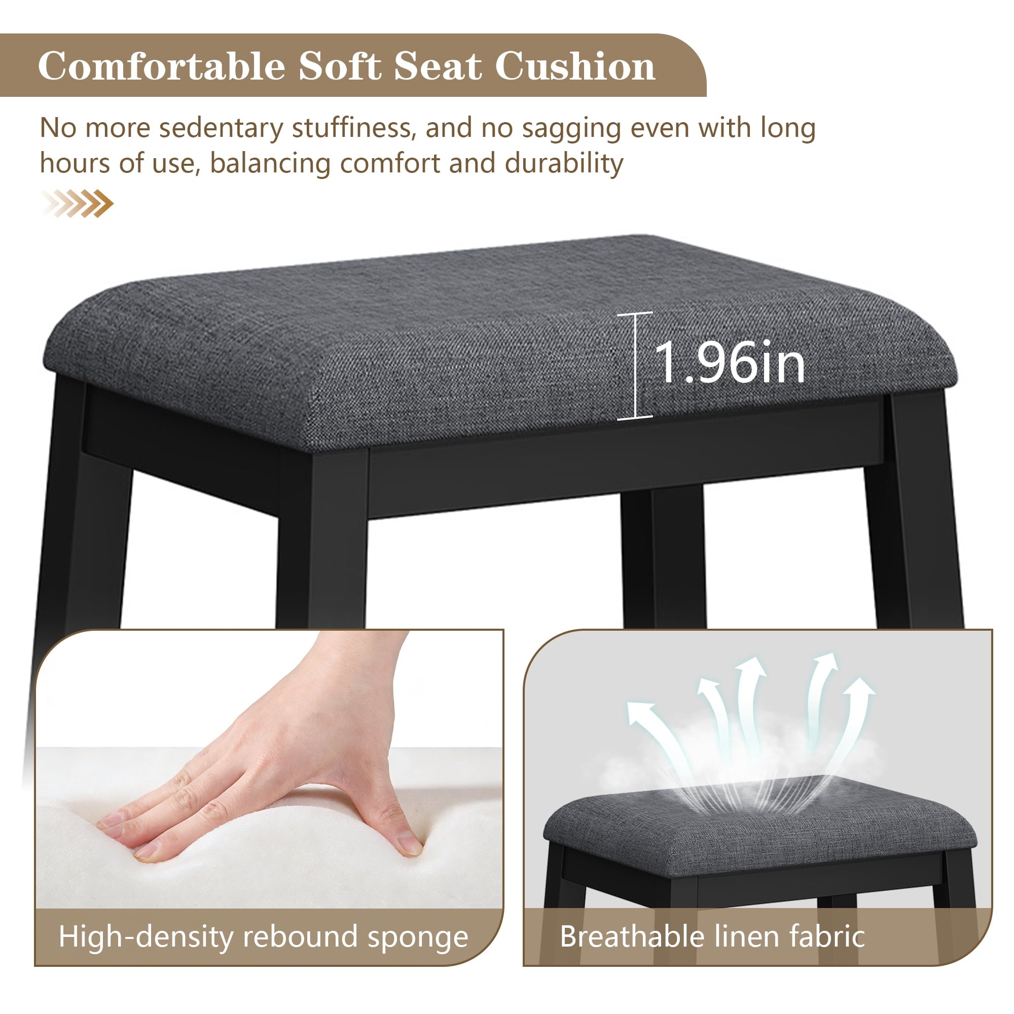 HLR 24.8 Bar Stools, Farmhouse Set of 2 Bar Chairs with Cushion for Kitchen, Dining Room, Cafe Black