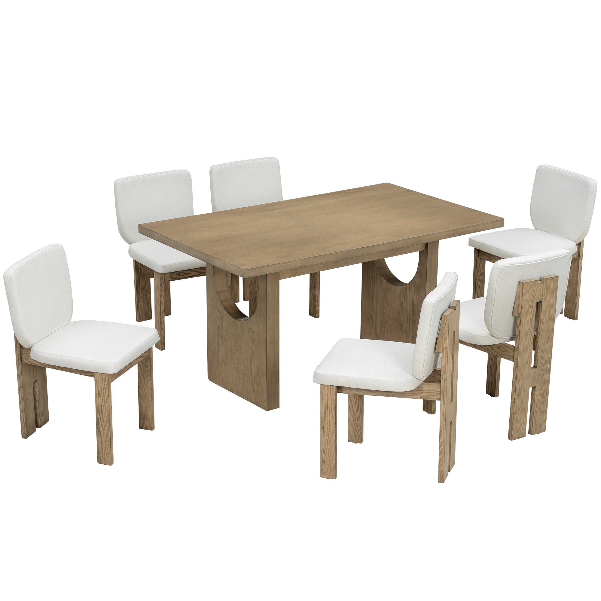 Euroco 7-Piece Dining Table Set for 6, 59 Kitchen Table Set with 6 Upholstered Chairs and Wooden Frame,Retro Dining Set for Kitchen Dining Room, Natural