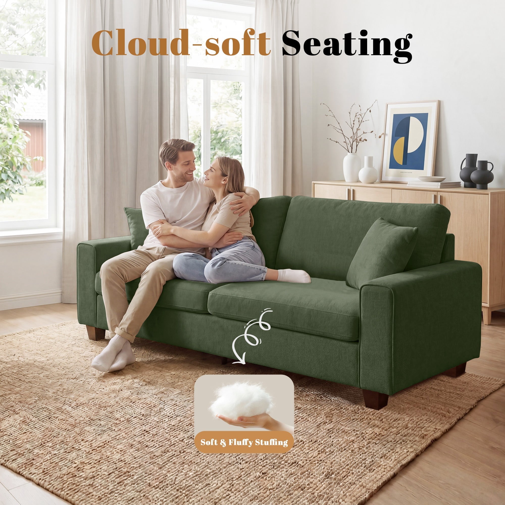 Poshby 88.58''W 3 Seater Sofa Couch with Chenille, Modern Square Arm for Living Room, Light Gray