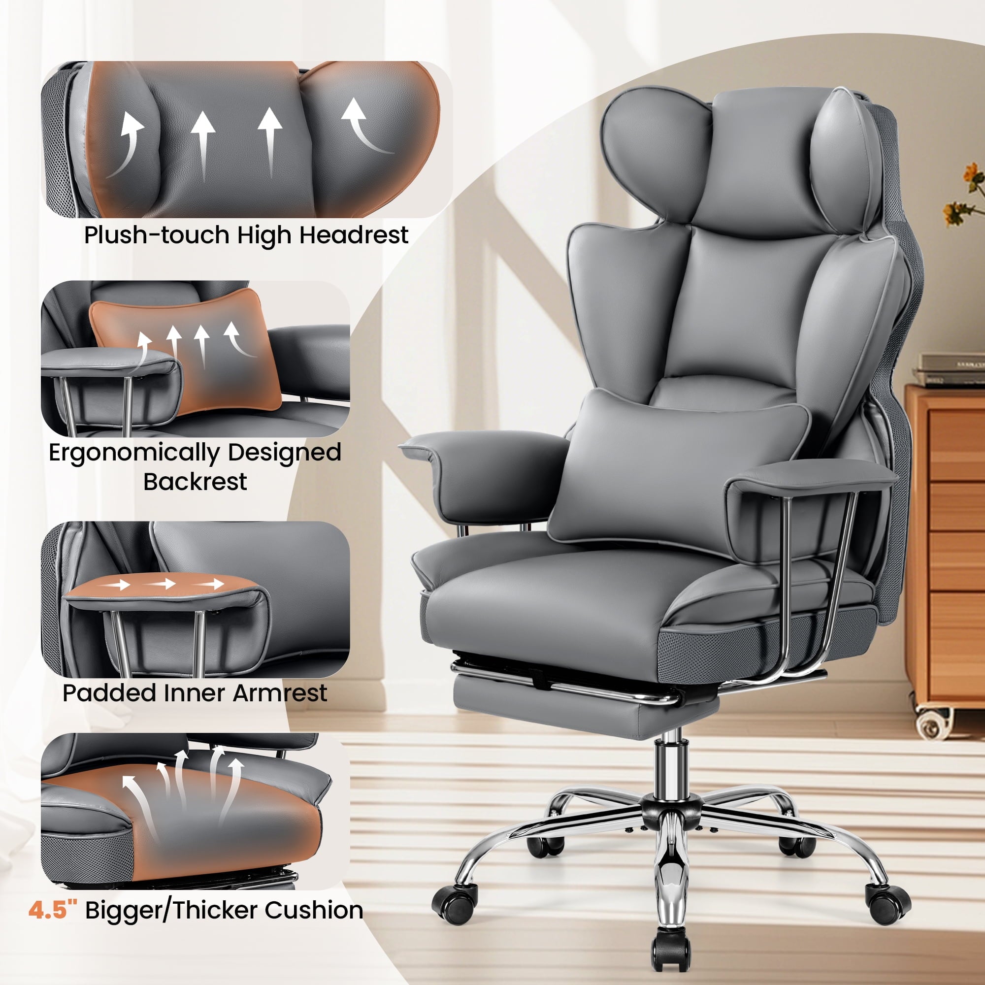 Primy High Back Office Chair, Big and Tall PU Leather Executive Chair with Footrest – Ergonomic Reclining Computer Desk Chair, High-Density Foam, Heavy Duty Swivel Rolling Chair, Black