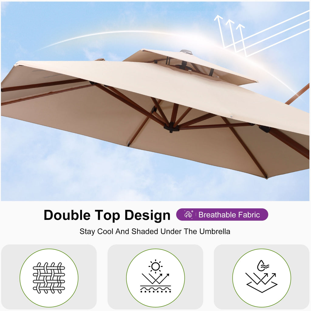 PURPLE LEAF 10FT Deluxe Square Wood Grain Patio Umbrella, Large Offset Cantilever Umbrella with 360° Rotation, Beige