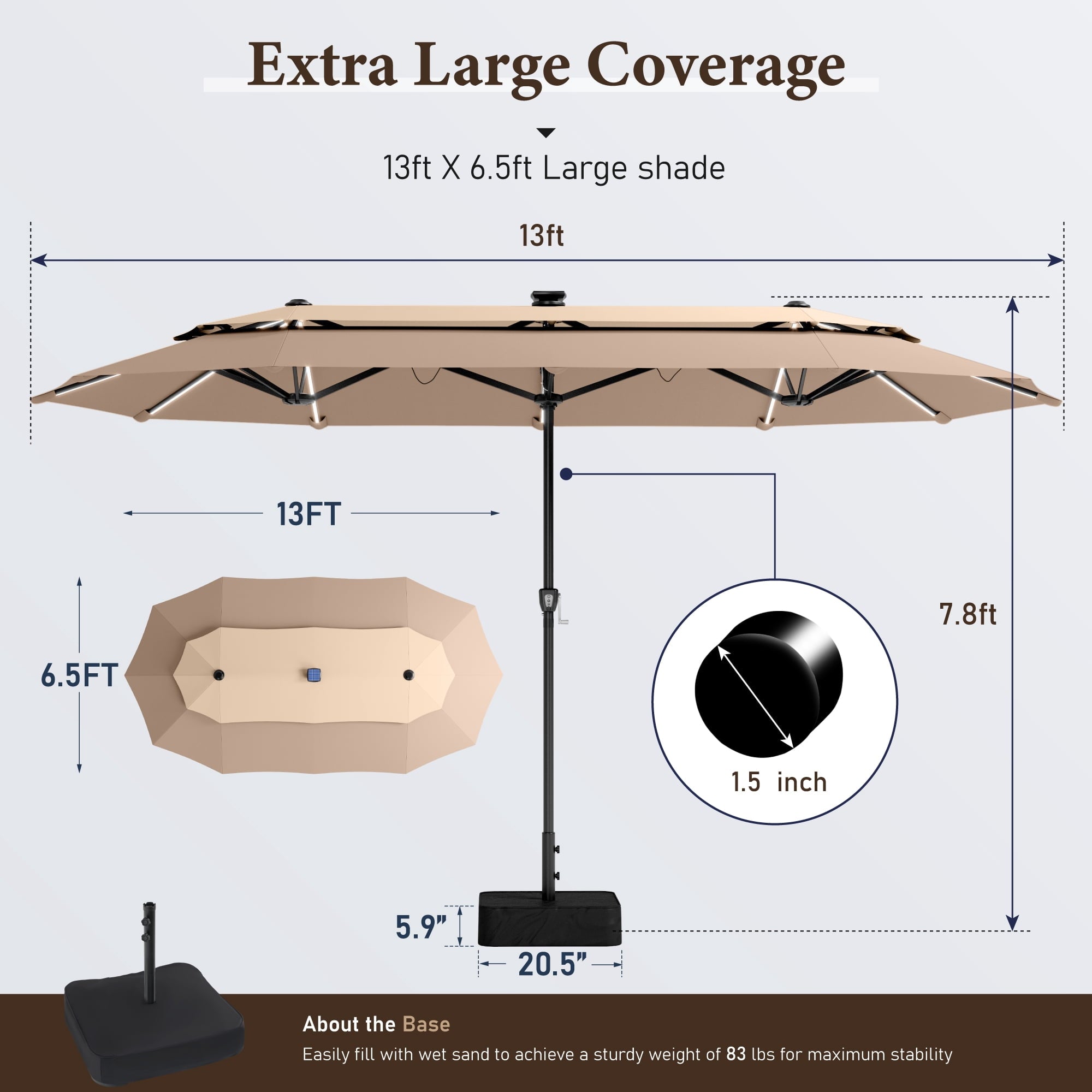 SUMMIT LIVING 13FT Patio Umbrella with Solar Lights & Base, 8 Colors 14 Modes, Double-Vented Outdoor Market Rectangle Umbrella for Garden - Beige & Tan