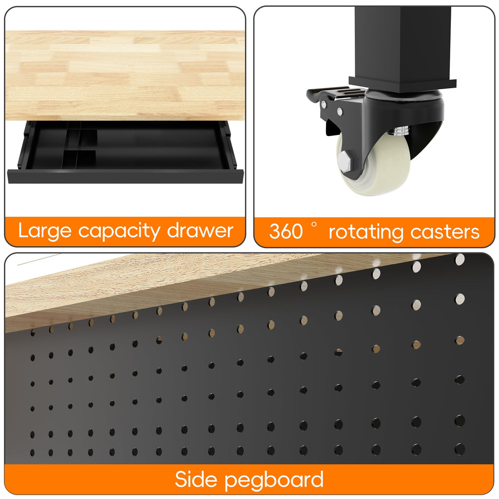 Joywind 60 Heavy-Duty Adjustable Workbench with Locking Wheels, Power Strip & Pegboard – Rubber Wood Work Table for Garage, Workshop, Home Office