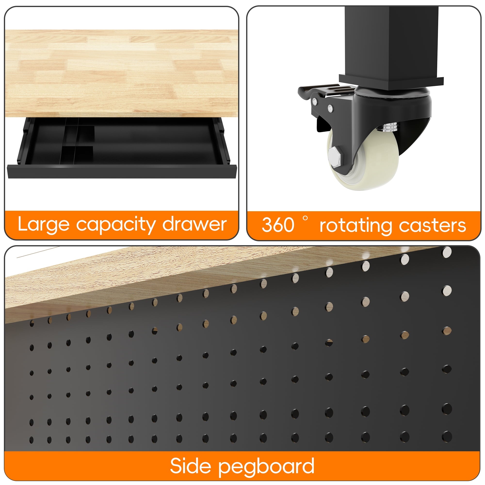 Joywind 60 Heavy-Duty Adjustable Workbench with Locking Wheels, Power Strip & Pegboard – Rubber Wood Work Table for Garage, Workshop, Home Office