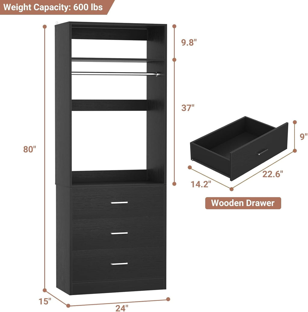 Homieasy Freestanding 2FT Closet System with 3 Wood Drawers, 24 Closet Organizer System with Hanging Rod & Shelves, Walk-in Closet Systems for Small Closets, White