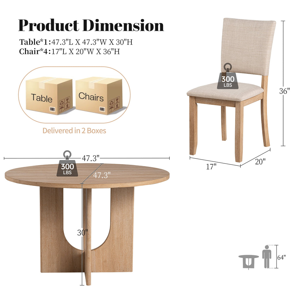 Leovanni Modern 48 5-Piece Solid Wood Dining Table Set with 4 Upholstered Chairs, Rectangular Kitchen & Dining Room Set, Natural