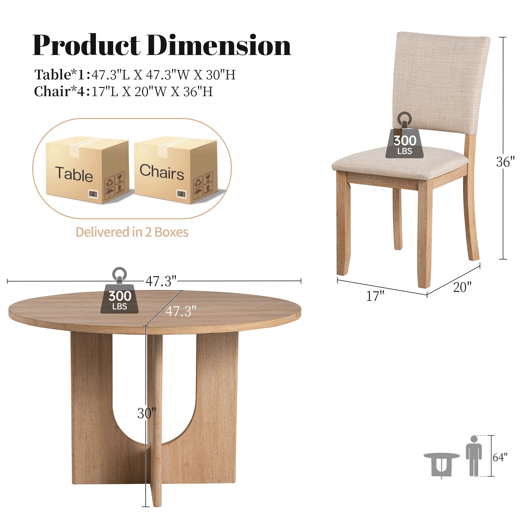 Leovanni Modern 48 5-Piece Solid Wood Dining Table Set with 4 Upholstered Chairs, Rectangular Kitchen & Dining Room Set, Natural