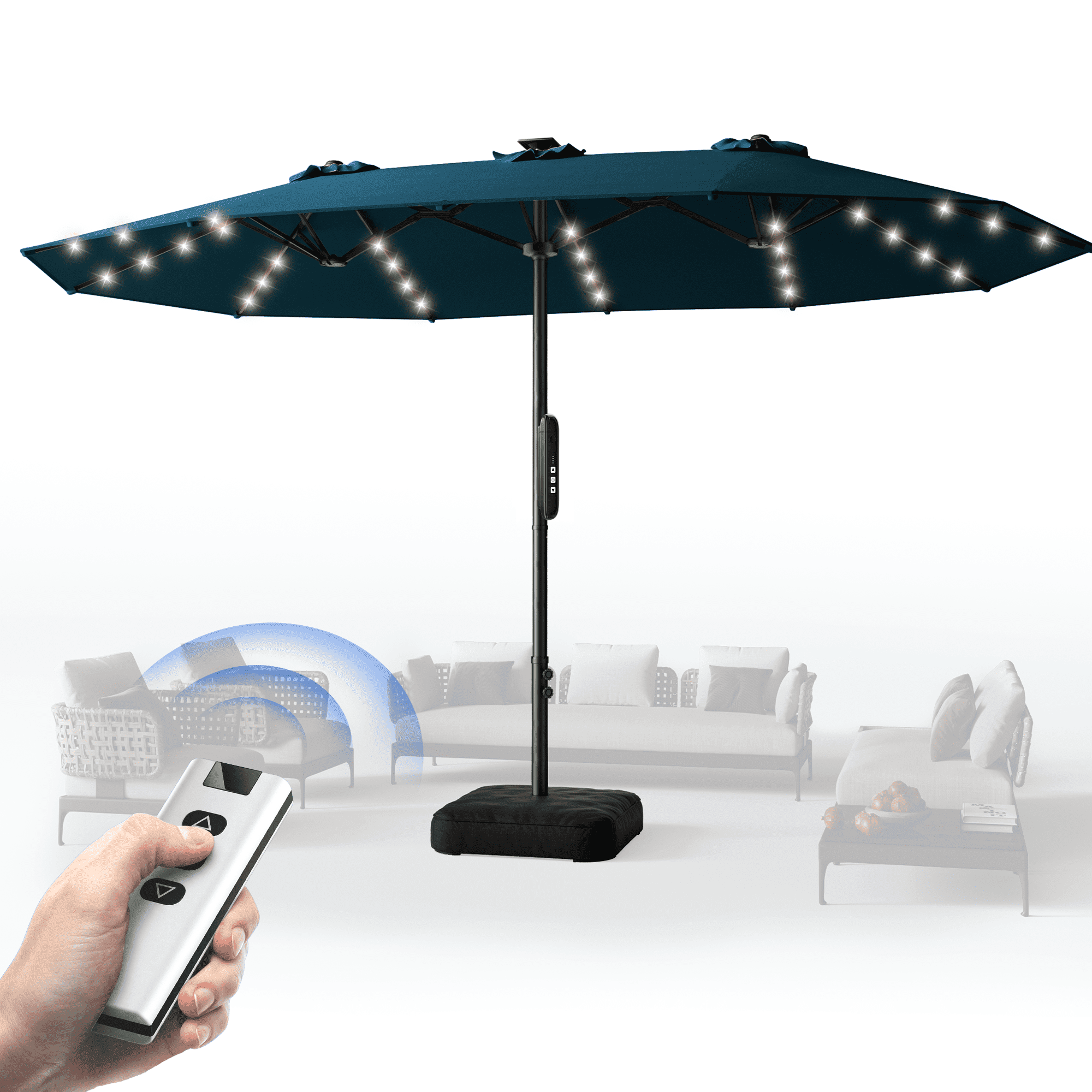 15ft Smart Electric Patio Umbrella, Large Double Sided Rectangular Outdoor Patio Umbrella with Light and Base for Lawn, Garden, Backyard,Beige