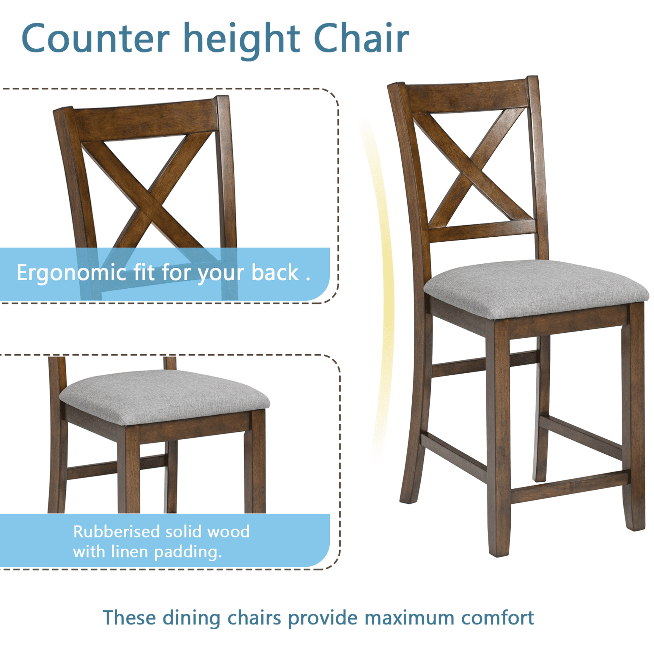 SESSLIFE Dining Table Set for 4, Counter Height Kitchen Table Set with Square Table and 4 Upholstered Chairs, Solid Wood Dining Room Set for 4, Space-Saving, Black & Oak