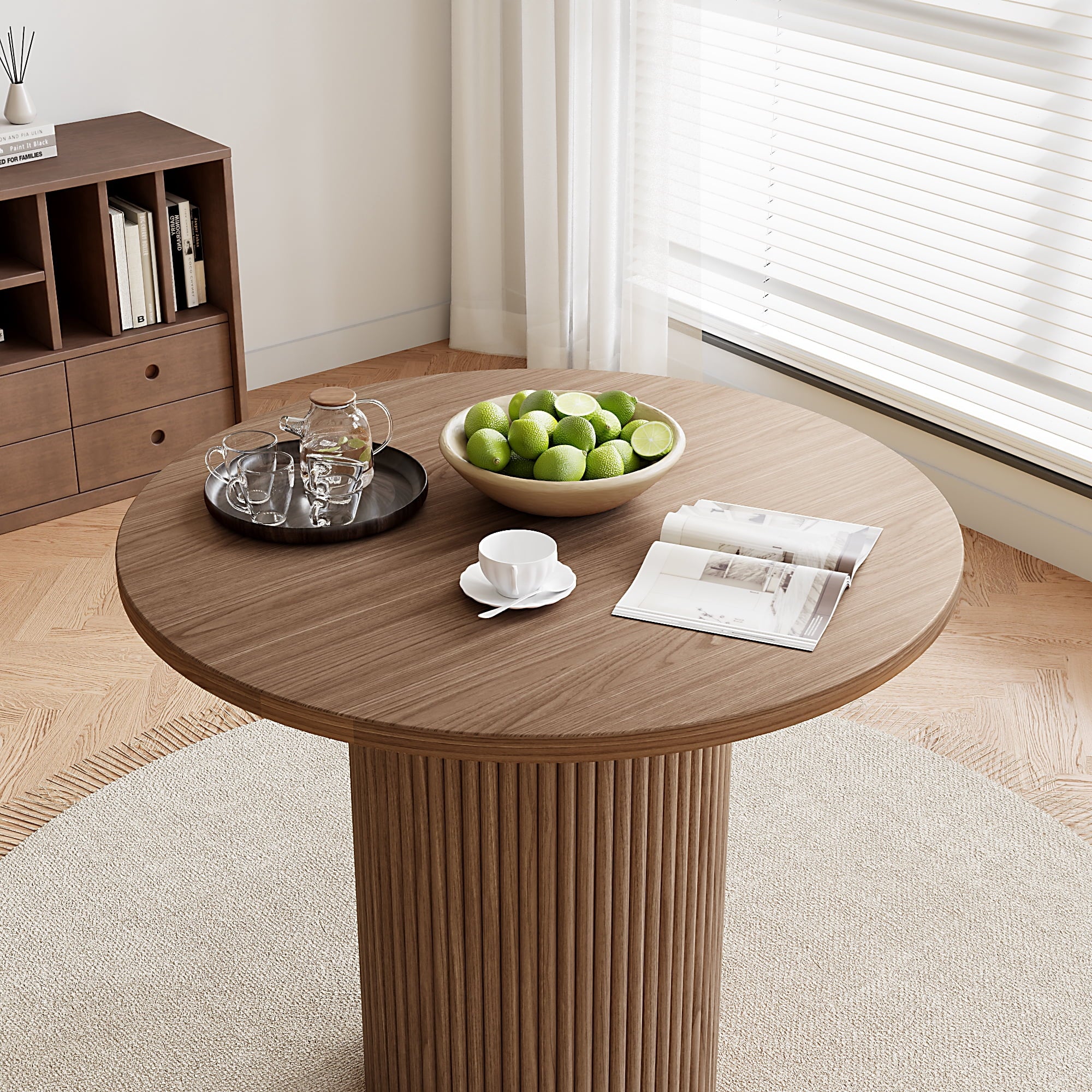 Rophefx 35.4 Solid Wood Round Dining Table with Handcrafted Relief Pedestal,Circle Dining Table,Natural