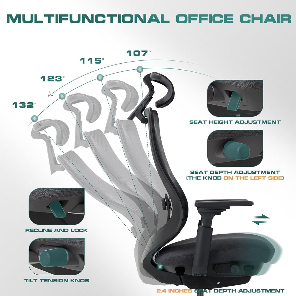 COLAMY ATLAS-01 Ergonomic Office Chair, High Back Office Executive Desk Chair, Mesh Office Chair Lumbar Support with Adjustable Headrest and 4D Arms, Slide Seat, Tilt Lock-Darkgrey