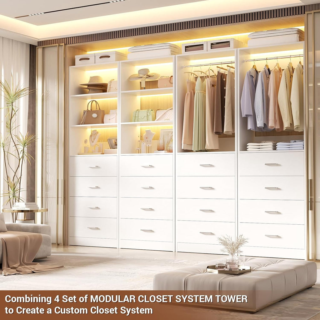 Homieasy 21.3 Inch Freestanding Closet System with 4 Wood Drawers and 3 Shelves for Walk-in Closet, Bedroom, White