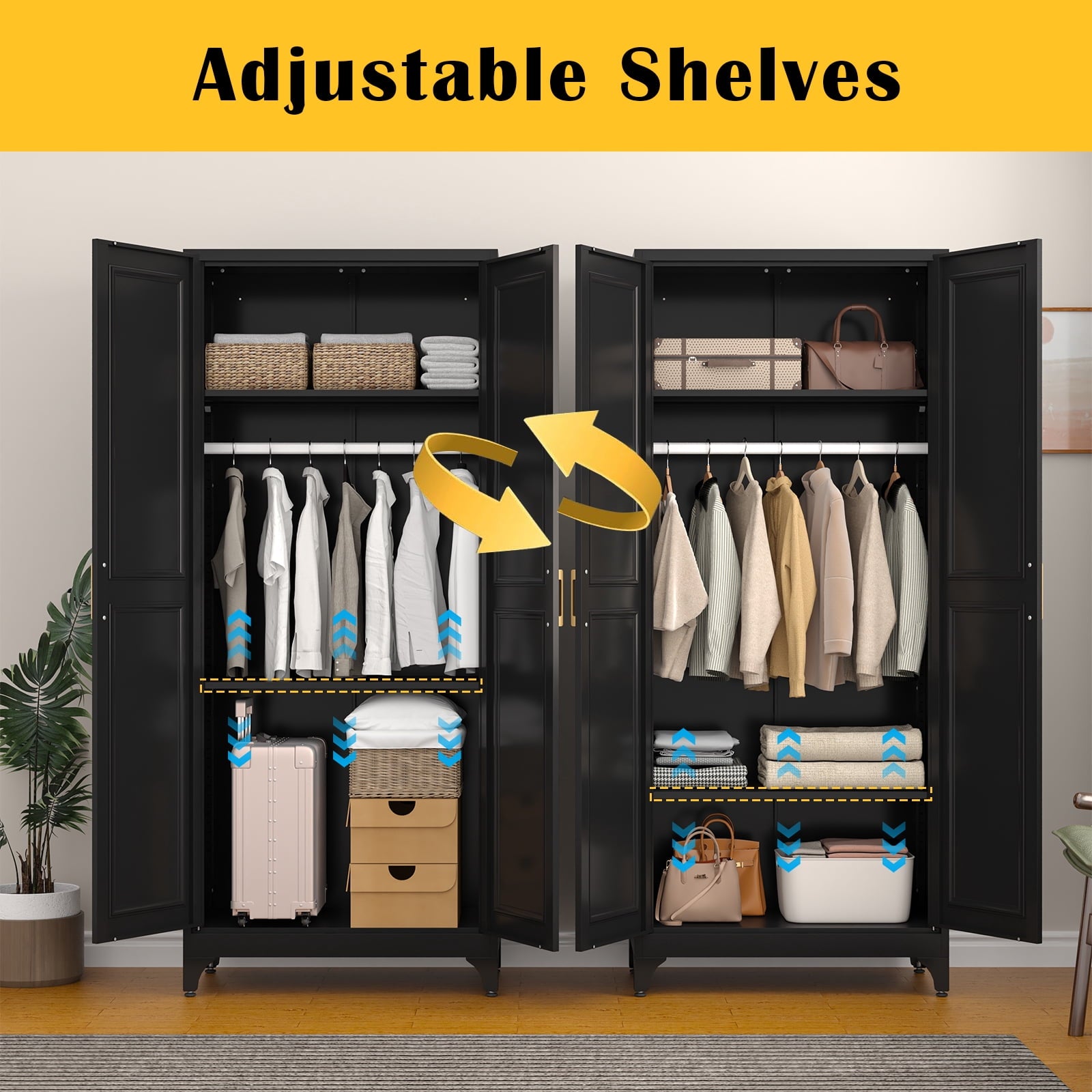 Polup 71 H Modern Metal Sturdy Armoire Cabinet with Shelves and Hanging Rod, Adult Bedroom Wardrobe Closet with Doors