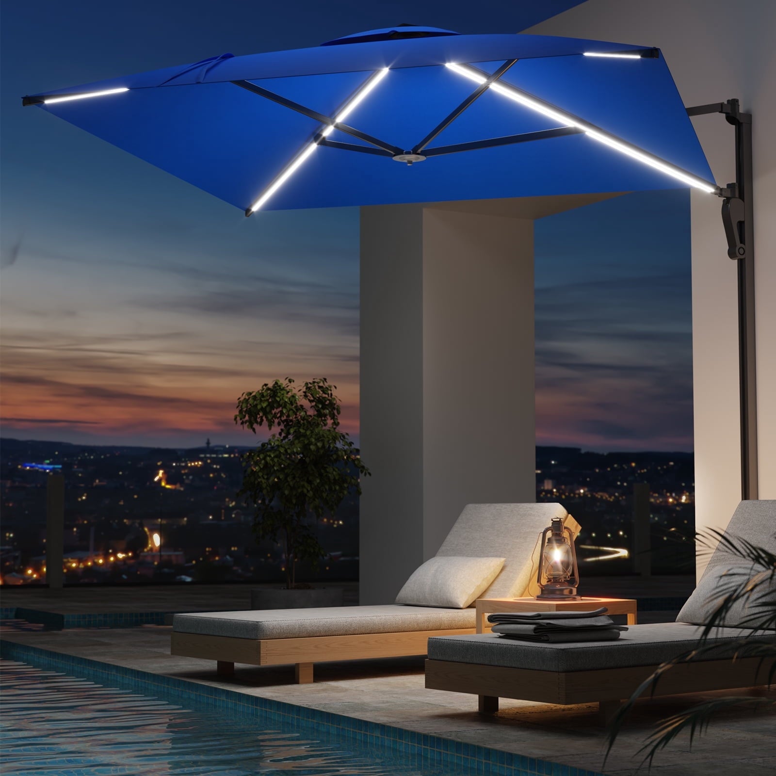 AECOJOY 10x10ft Outdoor Cantilever Patio Umbrella with Base, 360° Tilt & Rotate, Beige