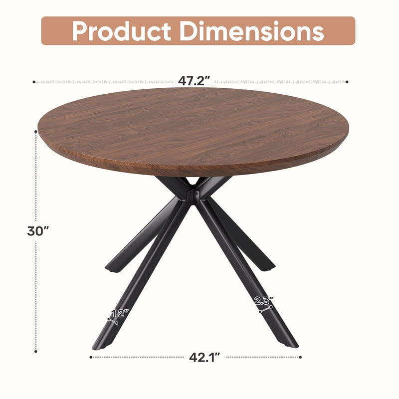 Hawsaiy 47 Round Dining Table for 4-6, Modern Farmhouse Kitchen Table with Metal Legs, Wood Circle Dinner Table for Kitchen & Dining Room, Walnut
