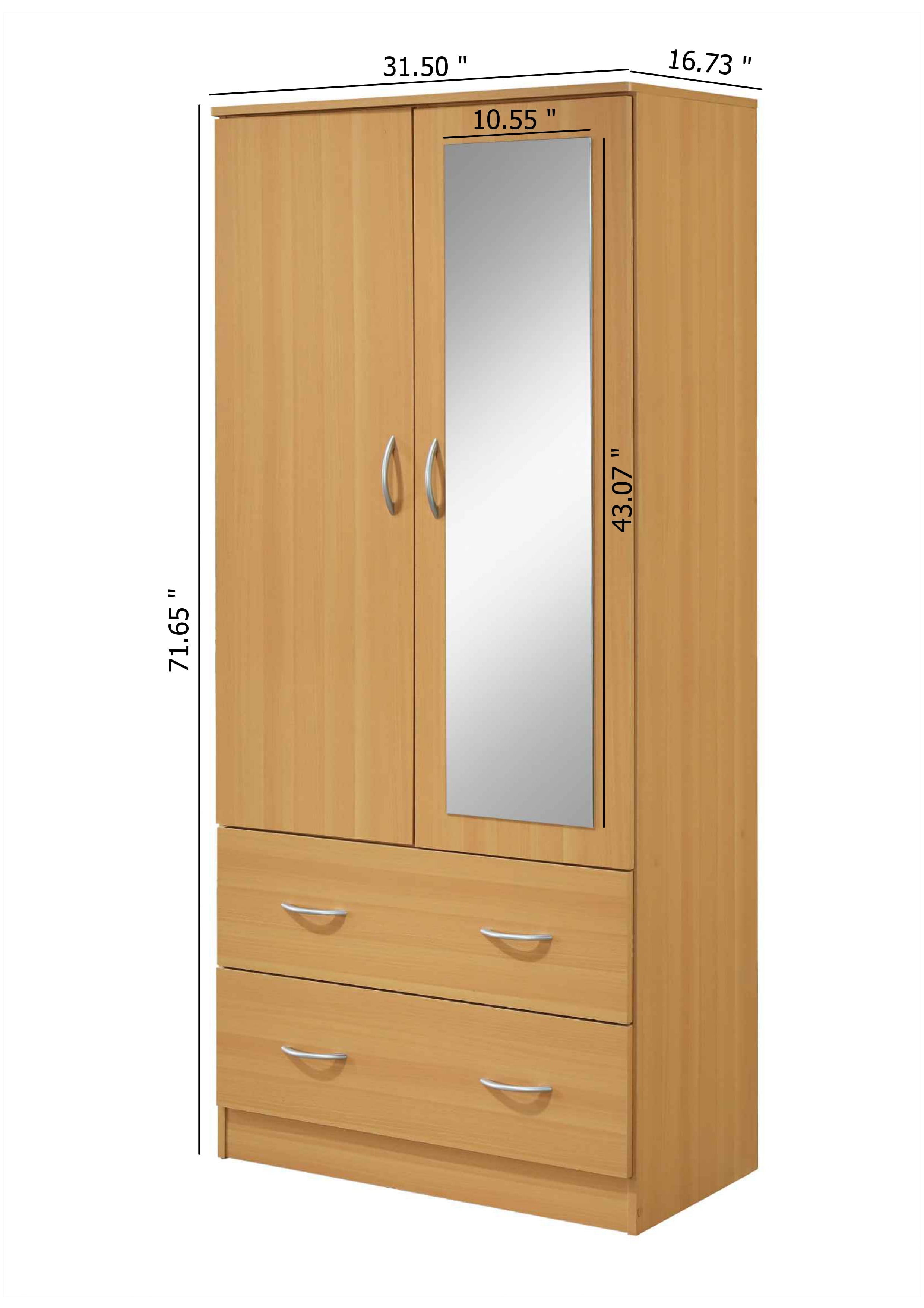 Hodedah Two Door Wardrobe with Two Drawers and Hanging Rod plus Mirror, Black