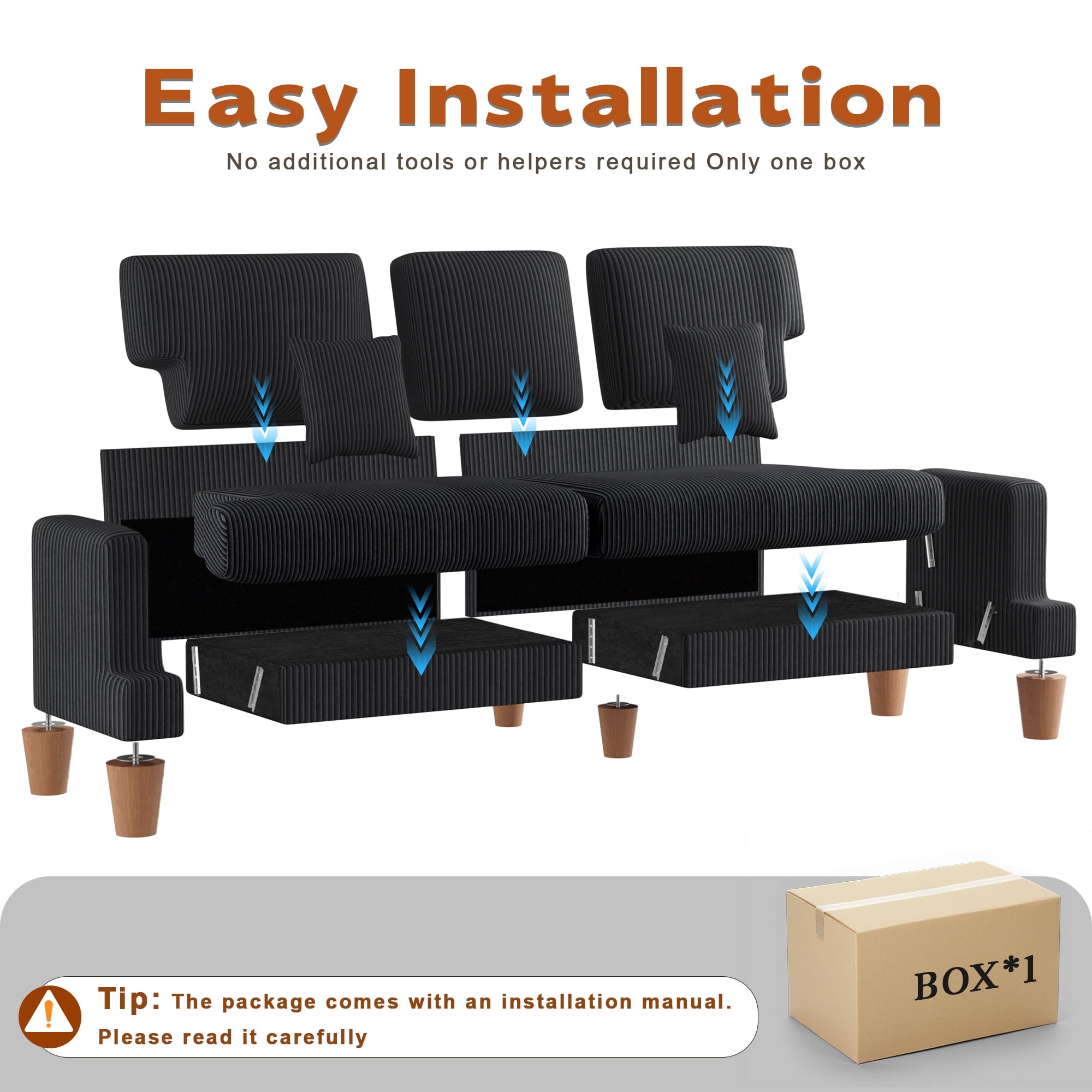 AAQZ 87 Corduroy Sofa Couch for Living Room, 3 Seater Deep Seat Comfy Couch in a Box, 2 Cushions, 2 Pillows Tool-Free Setup,Gray