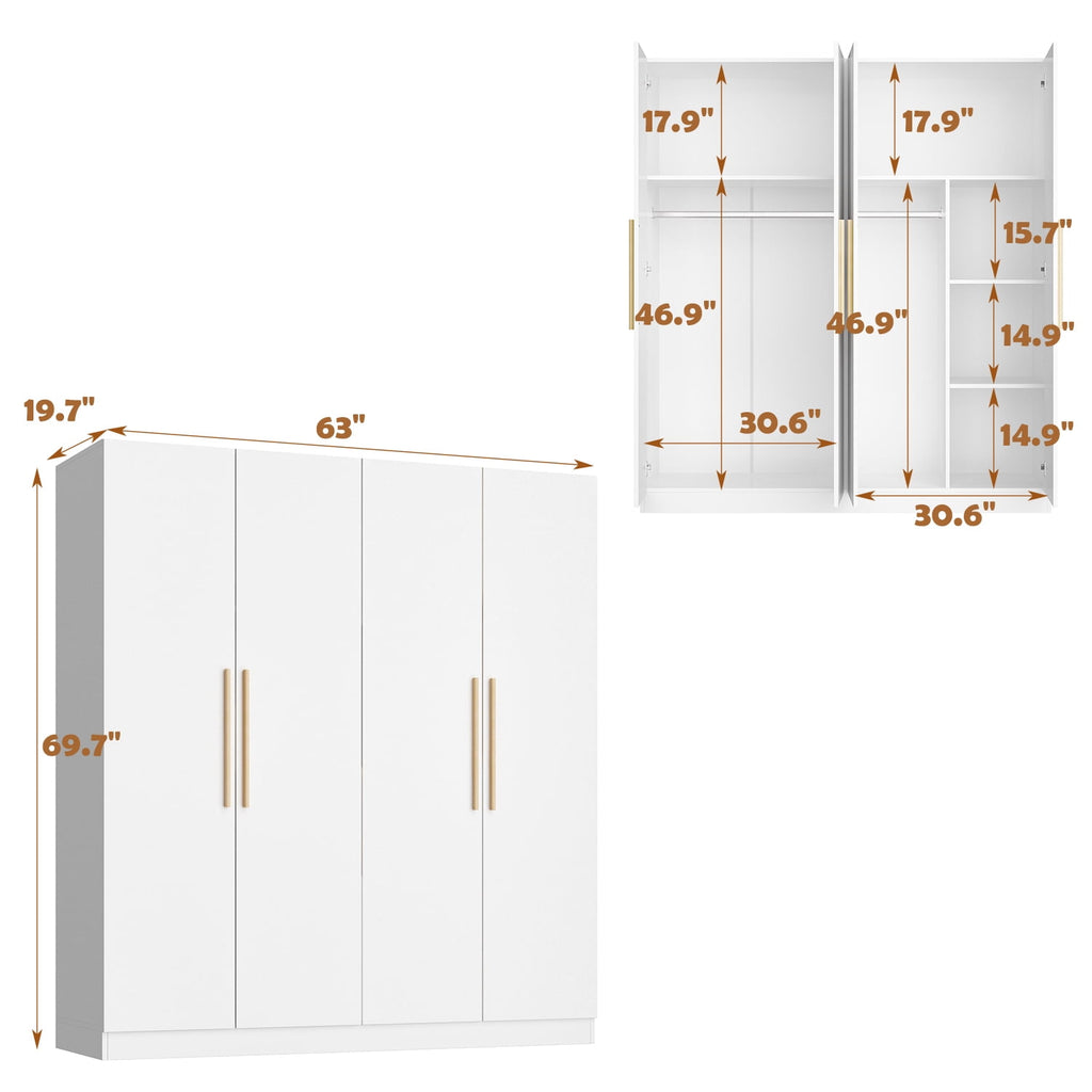 KULAGAGA  Large Wardrobe Closet, 4-Door Armoire Storage Cabinet with Hanging Rods and Shelves for Bedroom, White