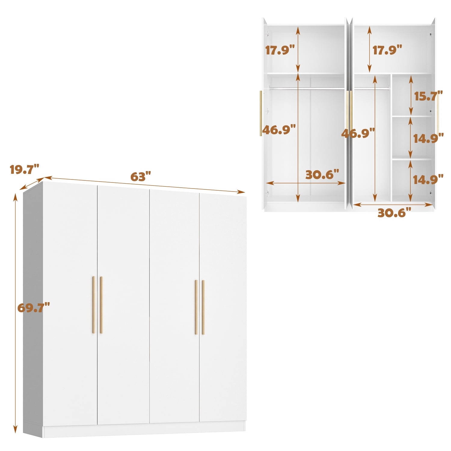 KULAGAGA  Large Wardrobe Closet, 4-Door Armoire Storage Cabinet with Hanging Rods and Shelves for Bedroom, White
