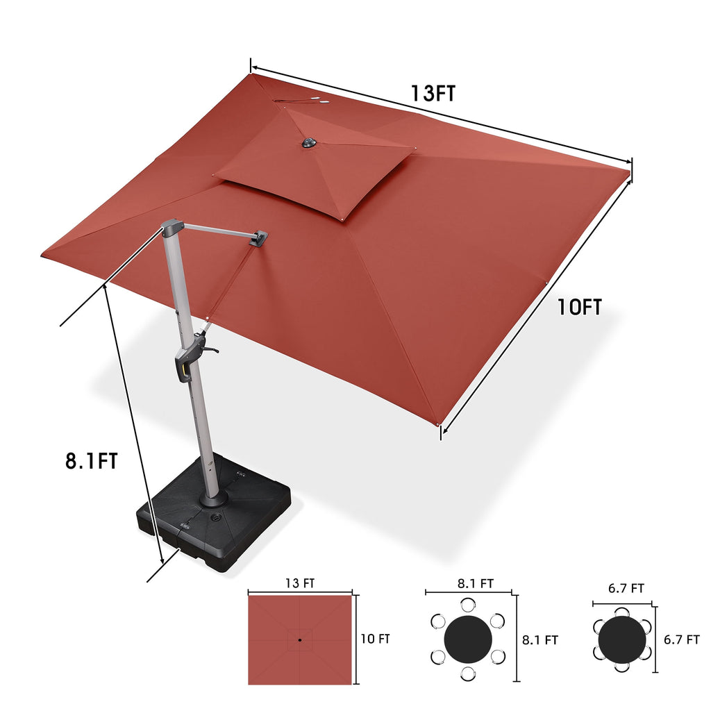 PURPLE LEAF 10 x 13FT Deluxe Rectangular Patio Umbrella, Large Offset Cantilever Umbrella with 360° Rotation, Gray