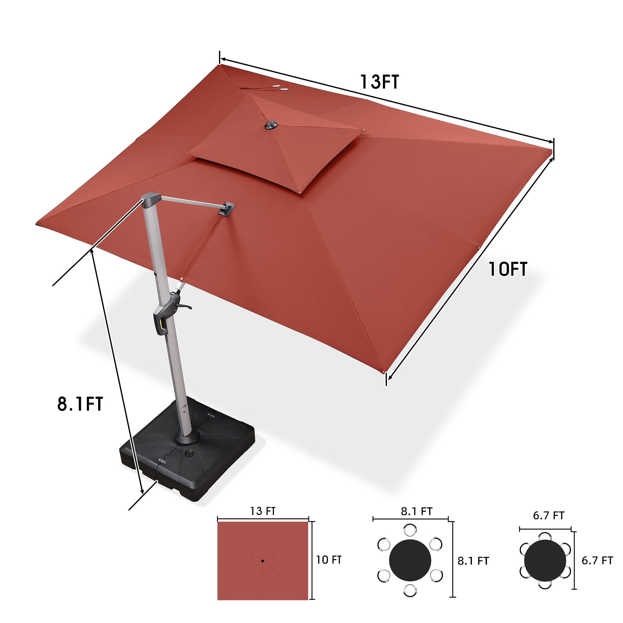 PURPLE LEAF 10 x 13FT Deluxe Rectangular Patio Umbrella, Large Offset Cantilever Umbrella with 360° Rotation, Gray