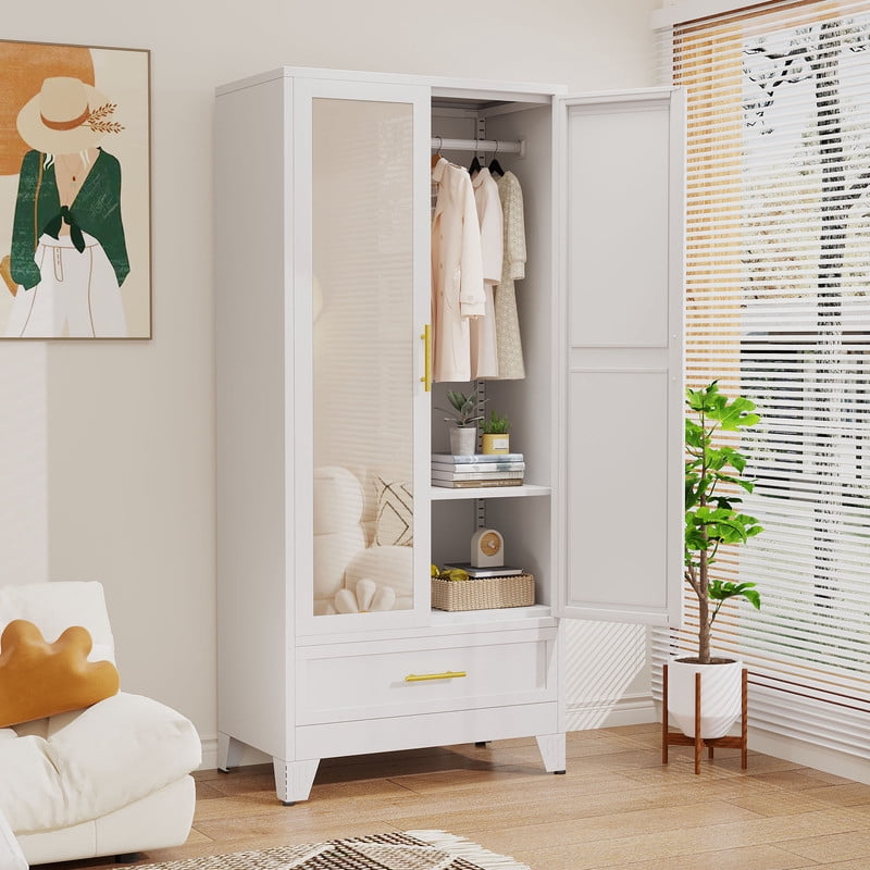 Ero Metal Freestanding Armoire Wardrobe Closet with Hanging Rod and Mirror