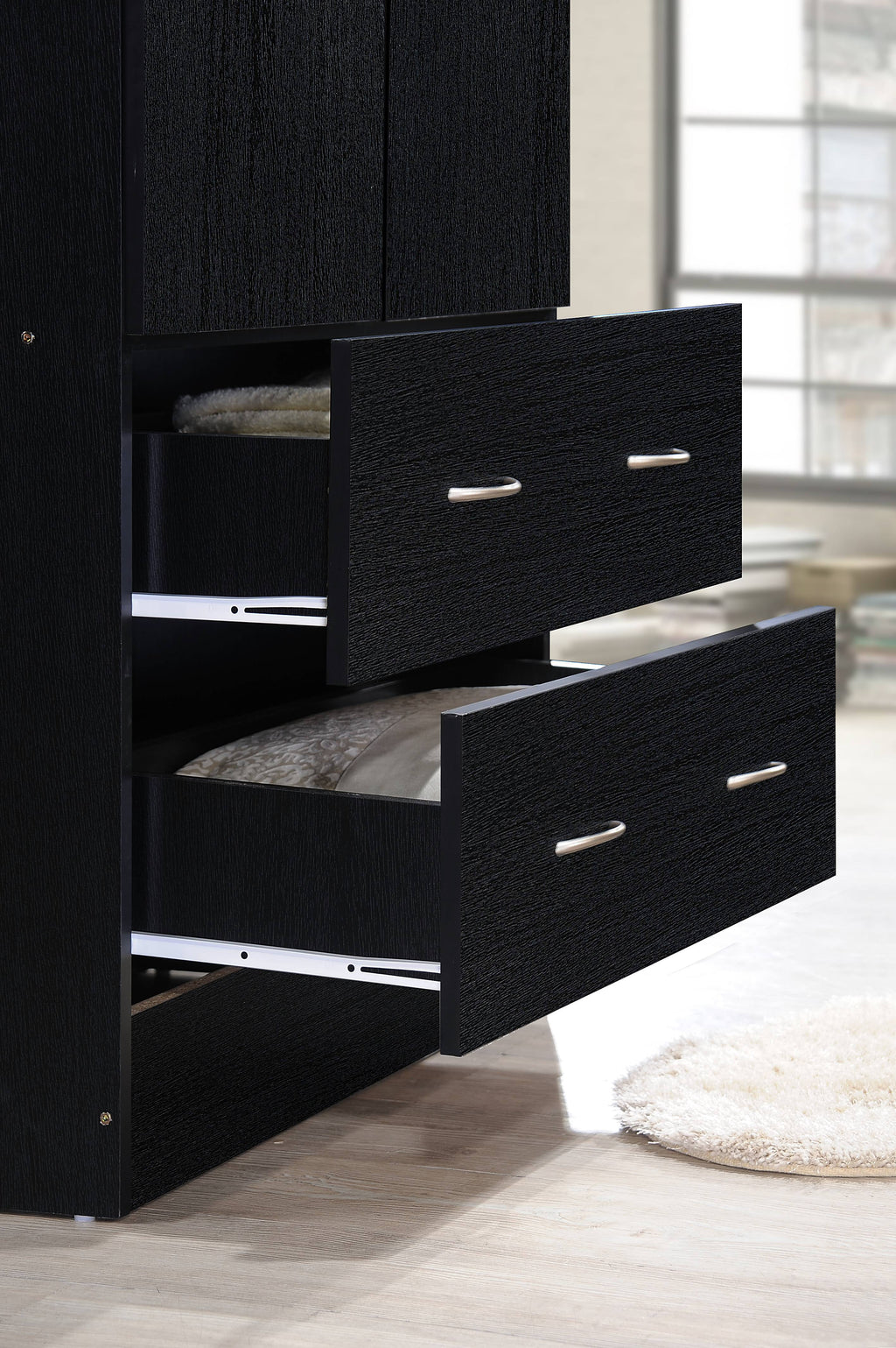 Hodedah 2-Door Armoire with 2-Drawers and Clothing Rod in Black