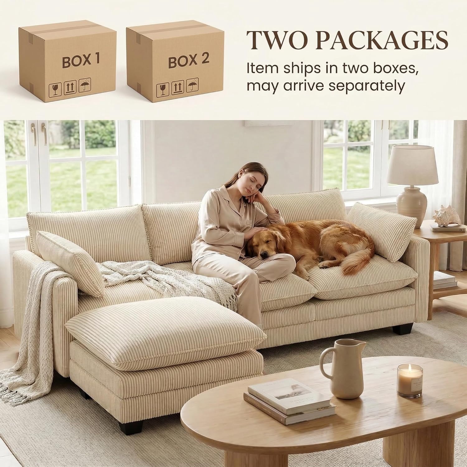 Noelse 110'' Oversized L Shaped Couch for Living Room, Cloud Couches with Washable Corduroy Cover, Modern 4-Seater Comfy Deep-Seat Sofa with Movable Ottoman and 2 Throw Pillows for Apartment, Beige