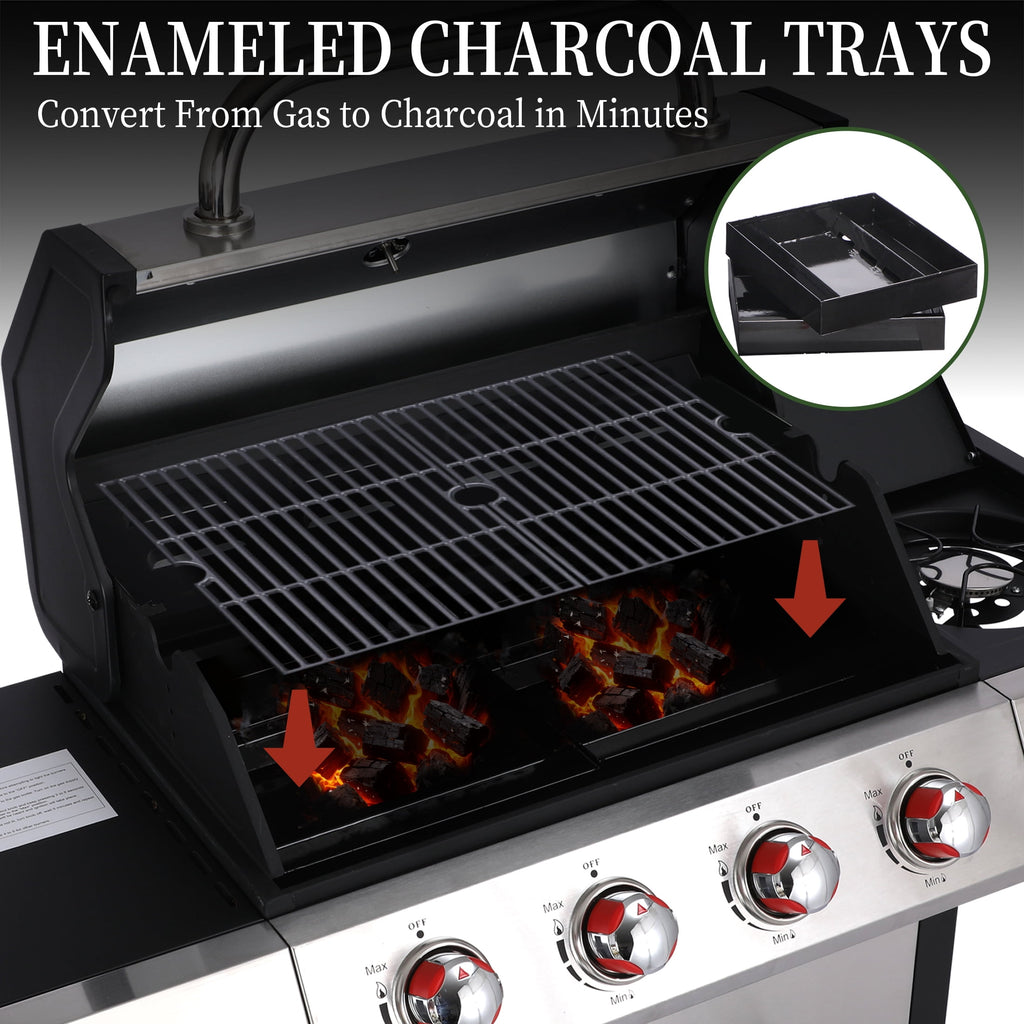 CIG GARDEN 4 Burner Gas Grill Combo with Side Burner, 3 in 1 Gas BBQ Grill with Charcoal Grill and Griddle, 52,000 Outdoor Barbecue Grill