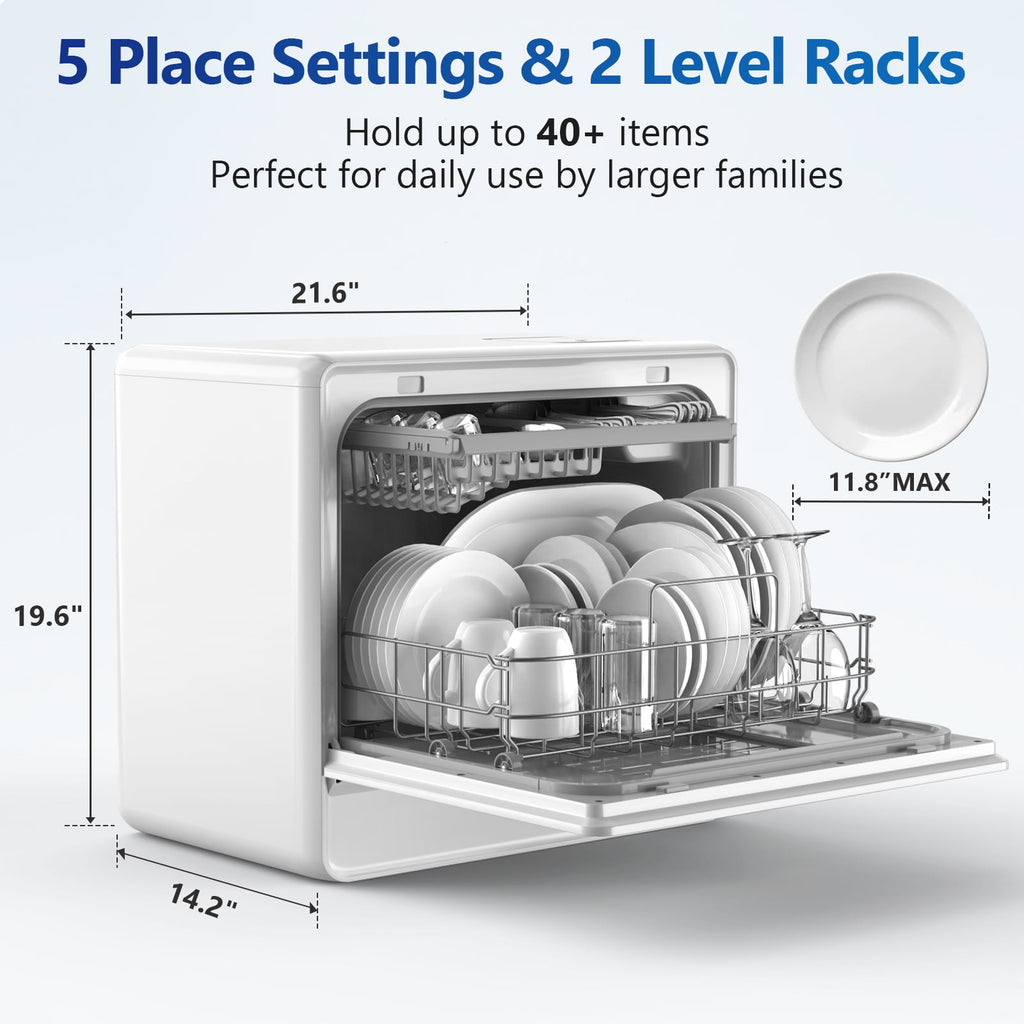 AIRMSEN 5-Place Settings Portable Countertop Dishwasher with 5L Built-in Water Tank, Ultra-Slim Dishwasher Upgrade 3 Spray Arms, 12H Delay Start and Salt Chamber Function, ZMW-DUHA01