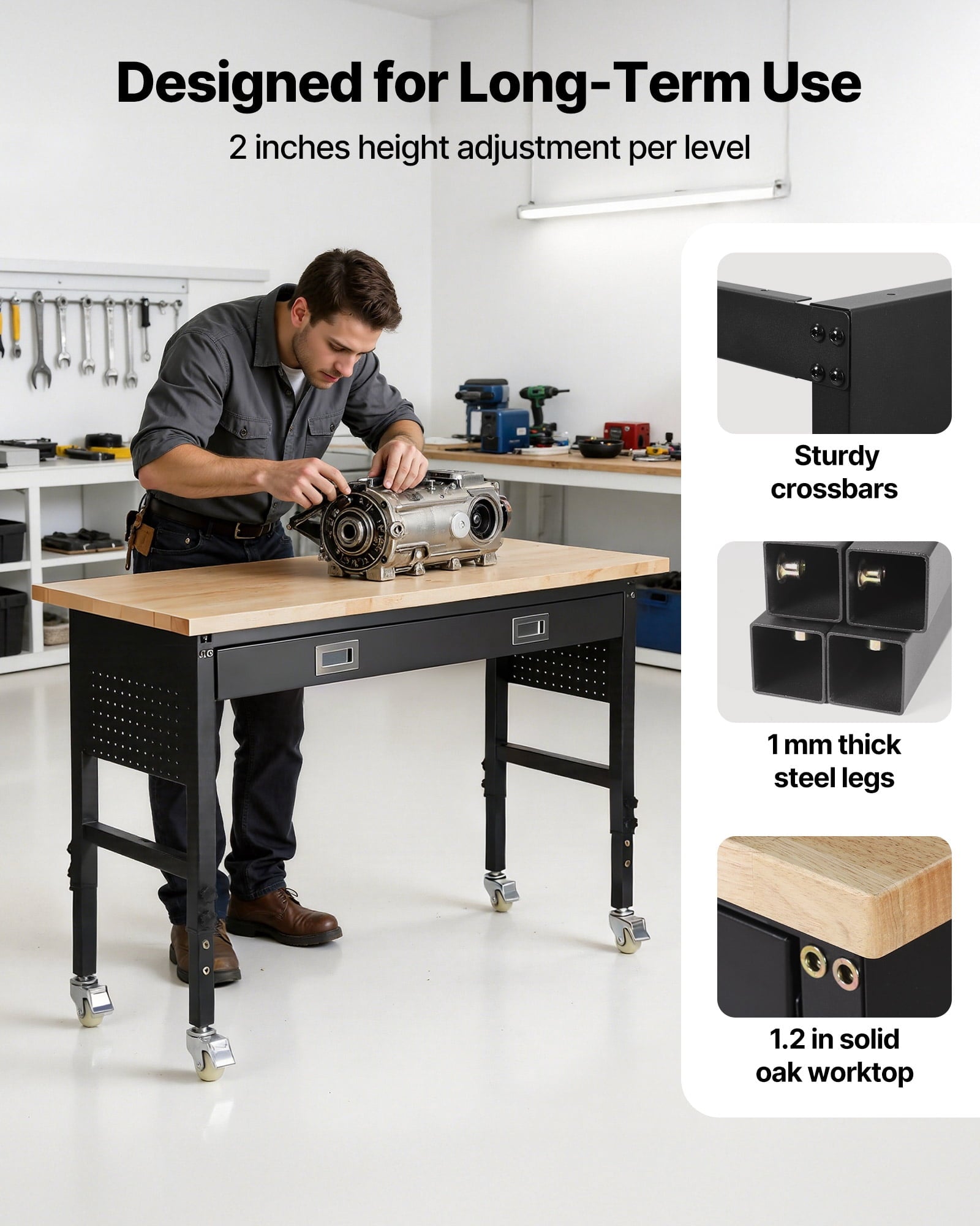 VEVOR 60-inch Adjustable Workbench, 1500 lbs Load Capacity, Garage Workbench with Drawer, Power Outlet, Wheels, and Pegboard, Heavy Duty Oak Wood Top Work Table for Garage, Workshop, Office, and Home