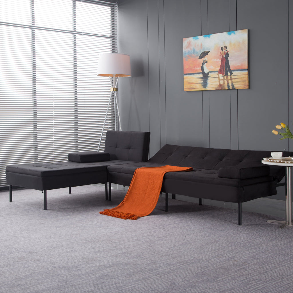 Gewnee 89.4”Convertible Sectional Sofa,L-Shaped Couch with Reversible Chaise,5-Position Adjustable Backrest,Modern Futon Sleeper for Small Spaces Living Room Apartment Office,Black Iron Frame