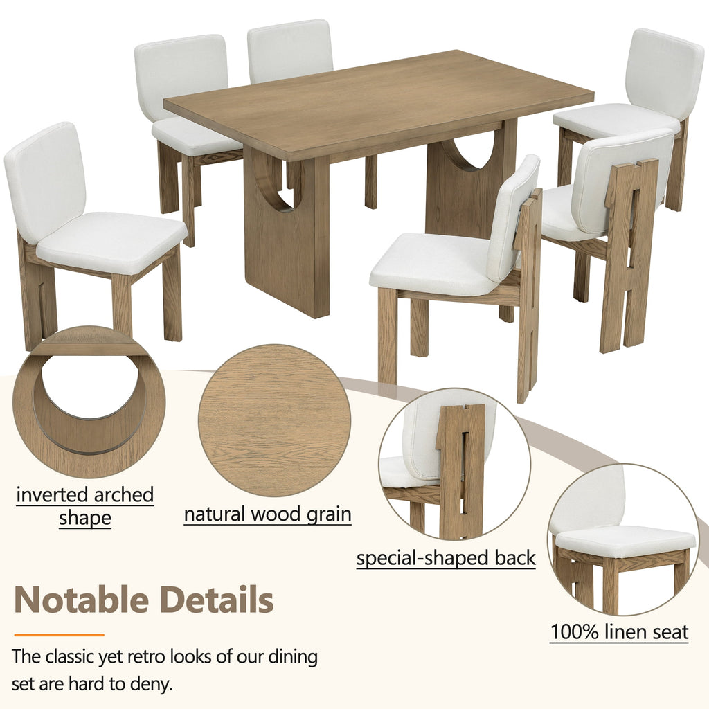 Euroco 7-Piece Dining Table Set for 6, 59 Kitchen Table Set with 6 Upholstered Chairs and Wooden Frame,Retro Dining Set for Kitchen Dining Room, Natural