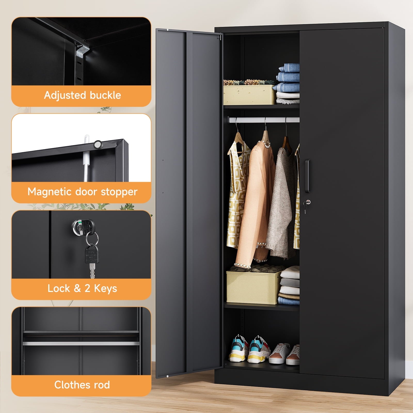 STANI Metal Wardrobe Closet with Hanging Rod, 72 White Armoire Wardrobe Cabinet with Adjustable Shelves, Clothes Storage Organizer Cabinets for Bedroom, Bathroom, Office